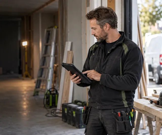Vakman bekijkt het werk op zijn tablet