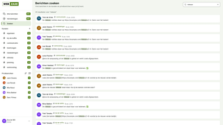 Zoekresultaten in Teamchat met filters voor gesprek, collega en datum.